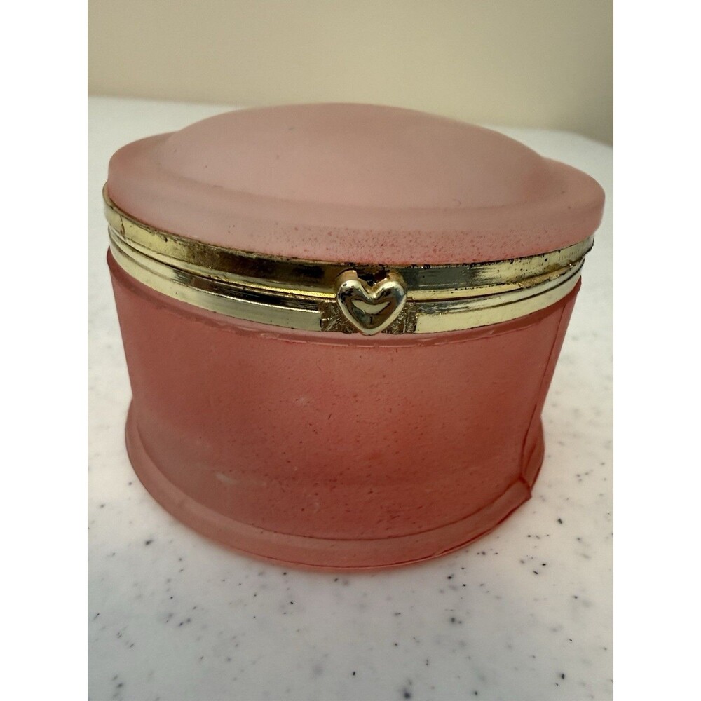 Pink Frosted Glass Powder Jar w/ Metal Trim Hinged Trinket Jar
